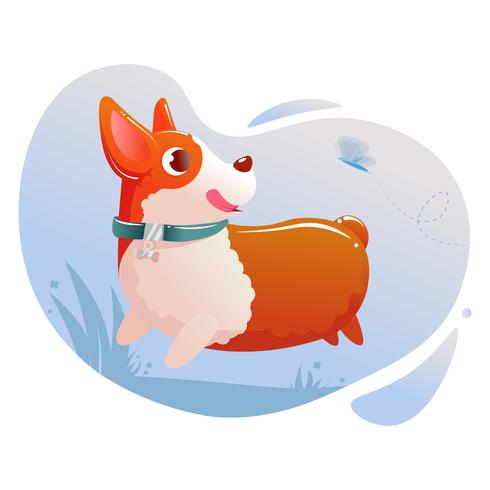 Happy cute dog corgi running on grass in a park. Vector cartoon illustration