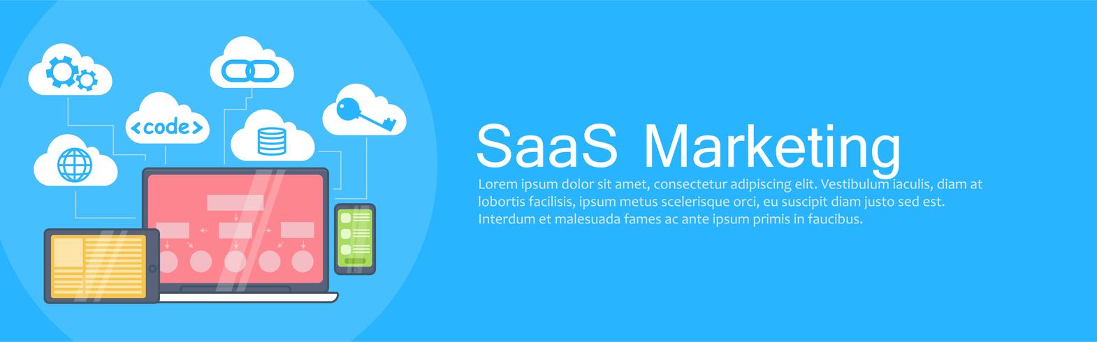 SaaS Marketing Banner. Ordenador portátil, tableta y teléfono, almacenamiento en la nube con iconos. Vector ilustración plana