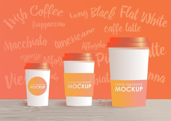 Different sizes and type of coffee cup mock-up. Gradient background. Vector realistic concept