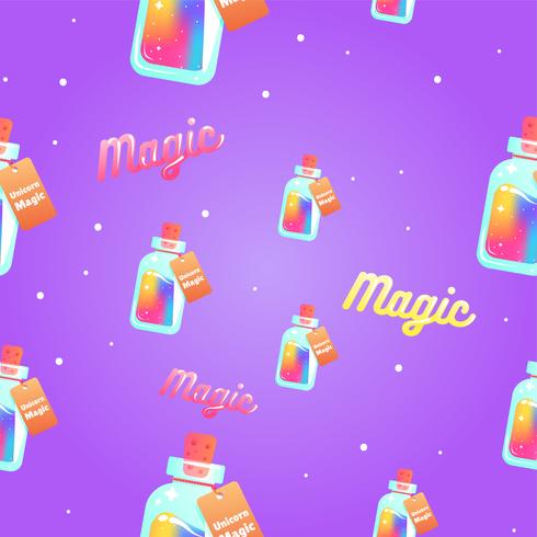 The magic mana of a unicorn seamless pattern. Rainbow liquid with star in the bottle. Vector cartoon illustration