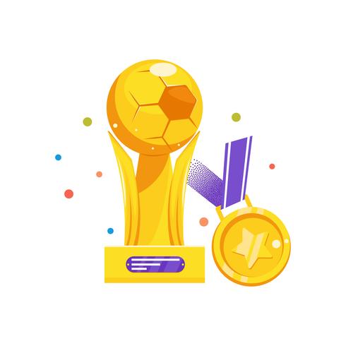 Copa y medalla para ganar el fútbol. Victoria bola de oro. ilustración plana degradado vector