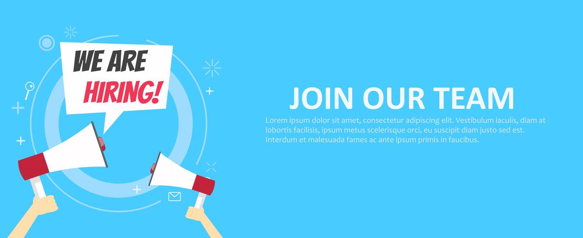 We are hiring banner. Join our team. Blue background and hands holding a megaphone. Vector flat illustration