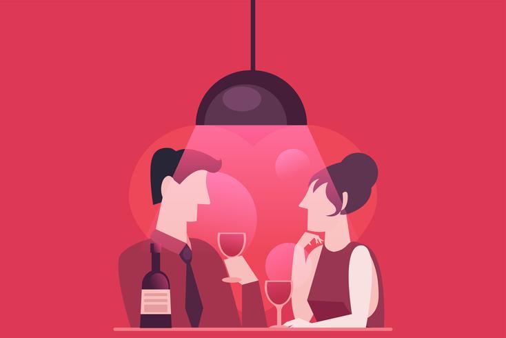 Una cita rápida de una pareja enamorada. Cena con vino. Ilustración rosa roja con estilo en plano vector