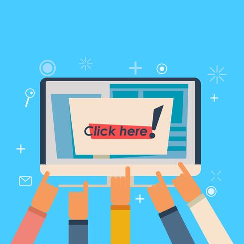 Computer with the button click here. Hands point to the inscription. flat illustration vector