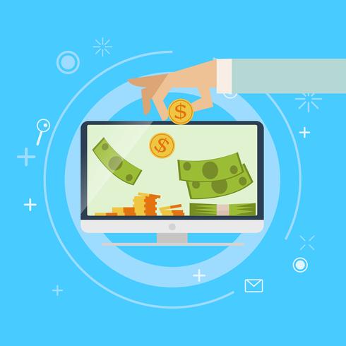 Online earnings banking banner. Money is put in the computer. Vector flat illustration.