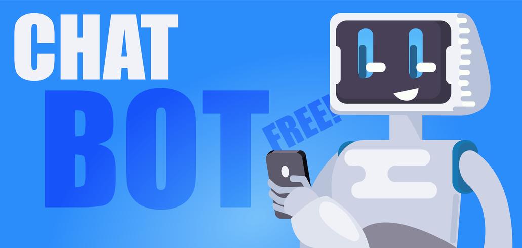 Chat Bot Free Wallpaper. The robot holds the phone, responds to messages. Vector flat illustration