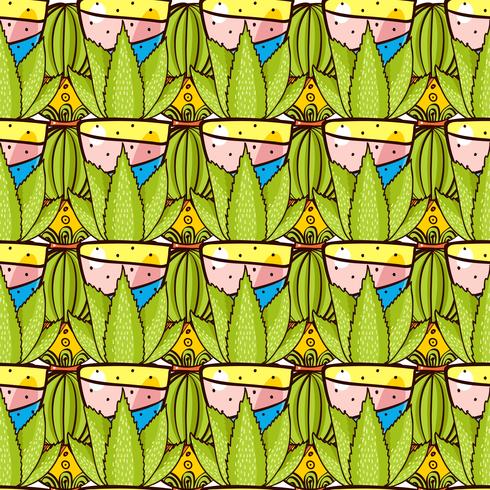 Seamless pattern of cacti and succulents in pots. vector
