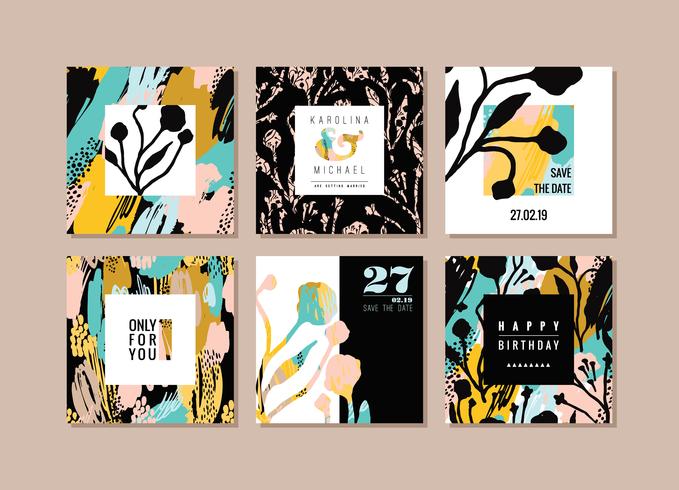 Set of abstract creative cards. Hand drawn art texture and floral elements. vector