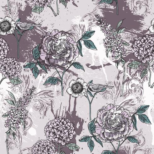 Eclectic floral seamless pattern with spray paint. vector