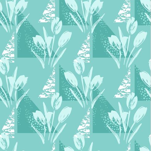 Abstract floral seamless pattern with tulips and geometric elements. vector