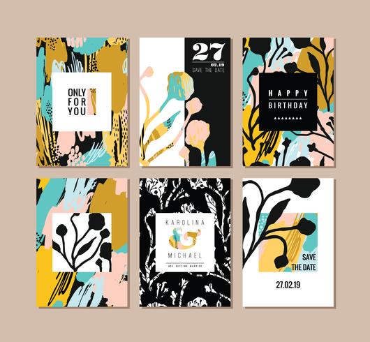 Set of abstract creative cards. Hand drawn art texture and floral elements. vector