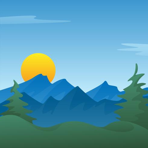 Peaceful blue mountain landscape scene background with pine trees, rolling hills vector