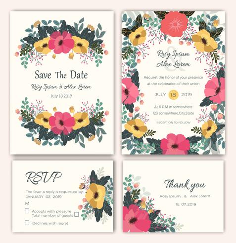 Vector set of invitation cards with flowers elements Wedding collection
