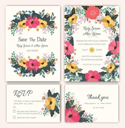 Vector conjunto de tarjetas de invitación con elementos de flores Colección de boda