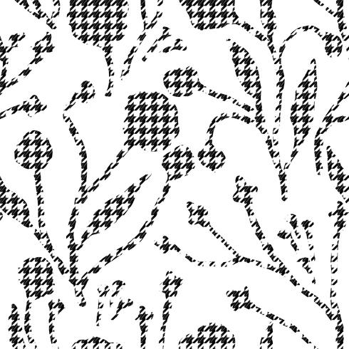 Abstract flowers with hounds-tooth plaid pattern. vector