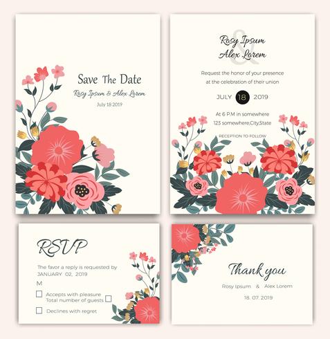 Vector conjunto de tarjetas de invitación con elementos de flores Colección de boda