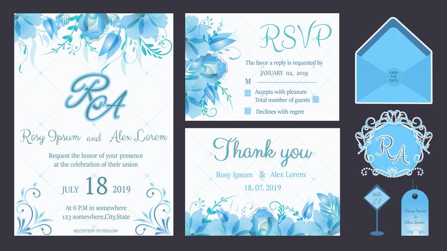 Vector conjunto de tarjetas de invitación con elementos de flores Colección de boda