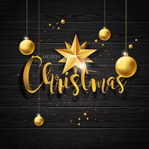 Christmas illustration with gold glass balls on vintage wood background vector