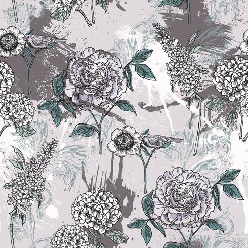 Eclectic floral seamless pattern with spray paint. vector