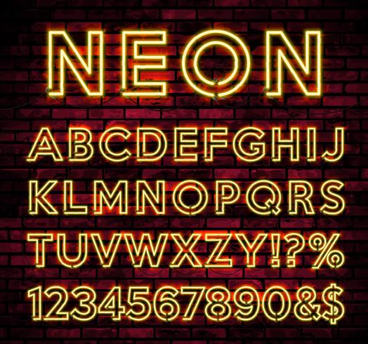 Bright Neon Alphabet on dark brick wall background vector