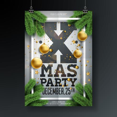 Diseño de Flyer fiesta de Navidad con adornos y ramas de pino vector