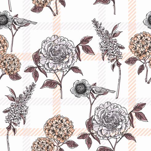 Floral seamless pattern with plaid background. vector