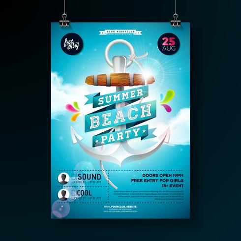 Summer Beach Party Flyer Design con ancla vector