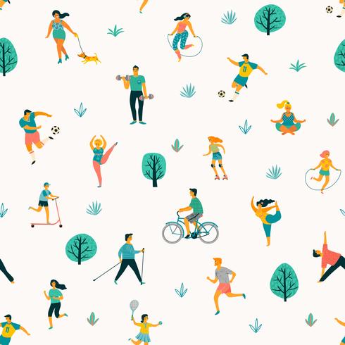 World Health Day. Vector seamless pattern with people leading an active healthy lifestyle.