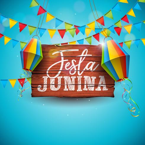 Ilustración de Festa Junina con banderas de fiesta y linternas de papel vector