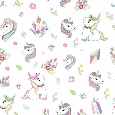 Unicorn, diamond,   flower seamless pattern vector