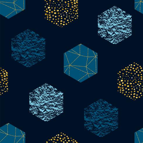 Abstract geometric seamless repeat pattern with hexagons and glitter texture. Trendy hand drawn textures. vector