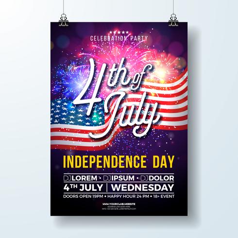 Día de la independencia de la fiesta de Estados Unidos Flyer ilustración con bandera y fuegos artificiales vector