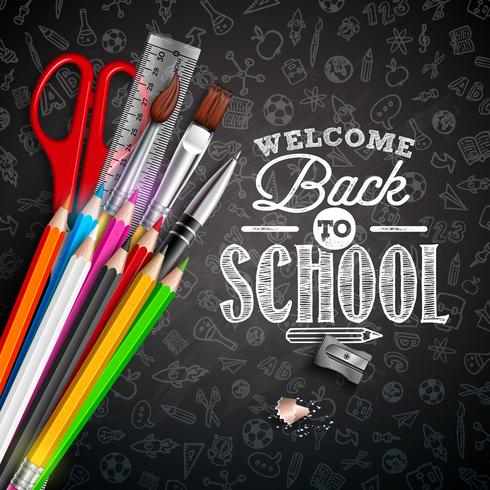Back to school design with School items on black chalkboard background vector