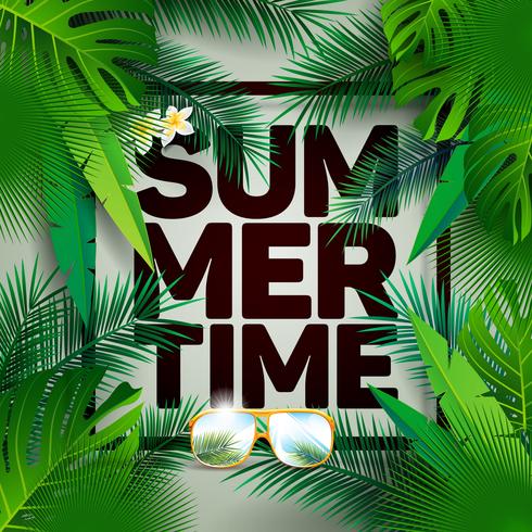 Vector Summer Time Holiday typographic illustration on palm leaves background.