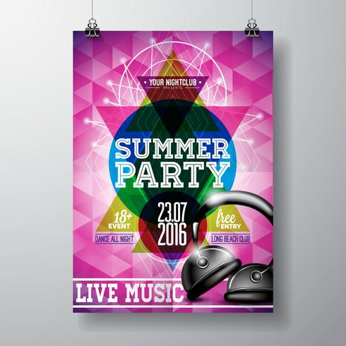 Vector Summer Beach Party Flyer diseño con auriculares