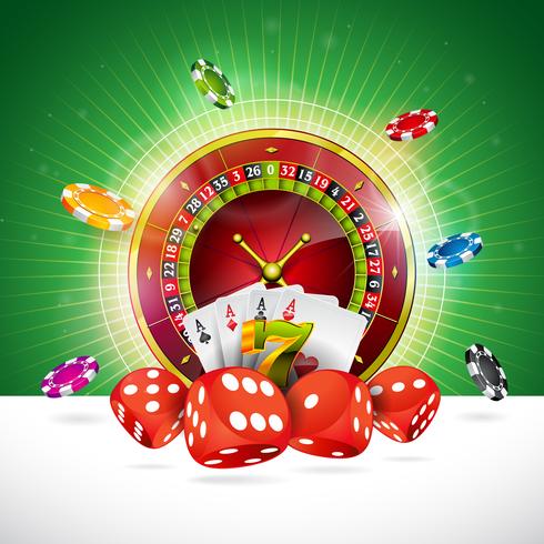 Ilustración de casino con ruleta y chip de juego vector