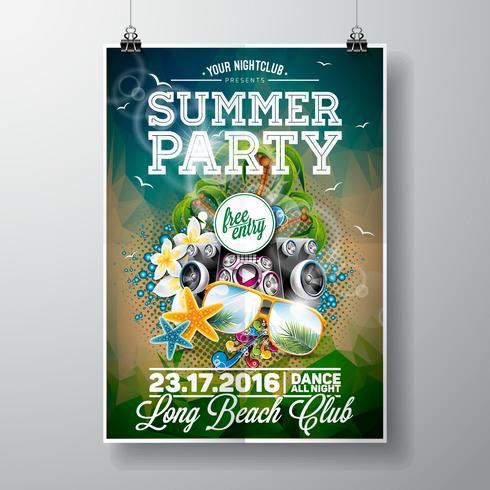 Vector Summer Beach Party Flyer Design con elementos tipográficos y musicales