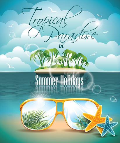 Vector Summer Holiday Flyer Design with palm trees and Paradise Island on clouds background.