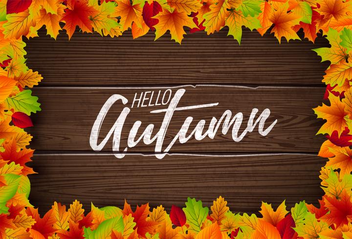 Ilustración de otoño con letras sobre fondo de textura de madera vector