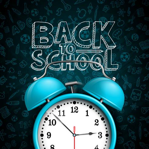 Back to school design with alarm clock and hand drawn doodles vector