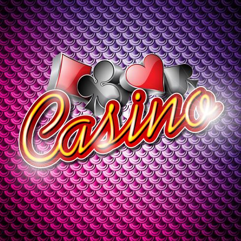 Vector illustration on a casino theme with poker symbols and shiny texts on abstract pattern background.