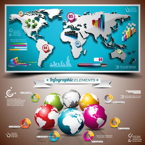 Conjunto de diseño vectorial de elementos de infografía. Mapa del mundo y gráficos de información. vector