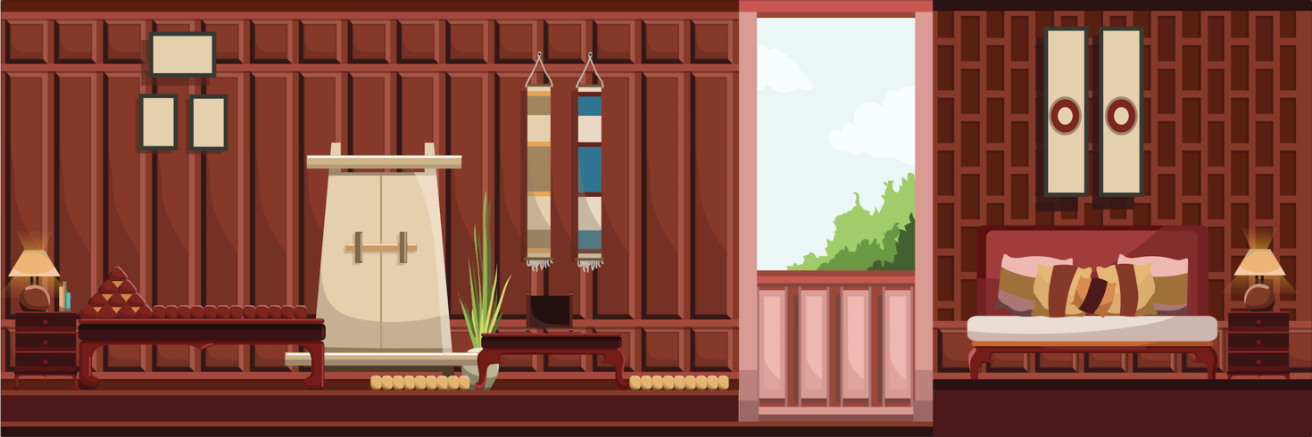 Retro Thailand style living room with old furniture, Flat design vector illustration.