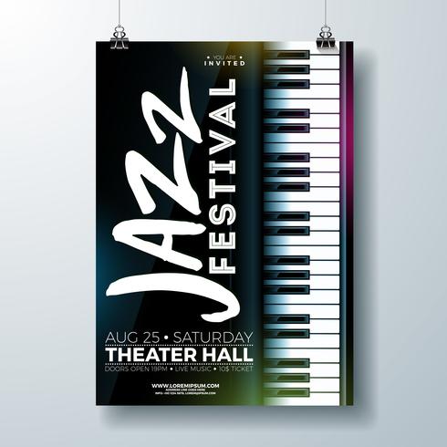 Festival de música jazz con diseño de volante y teclado de piano. vector