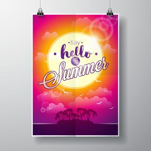 Say Hello to Summer inspiration quote on seascape background. vector