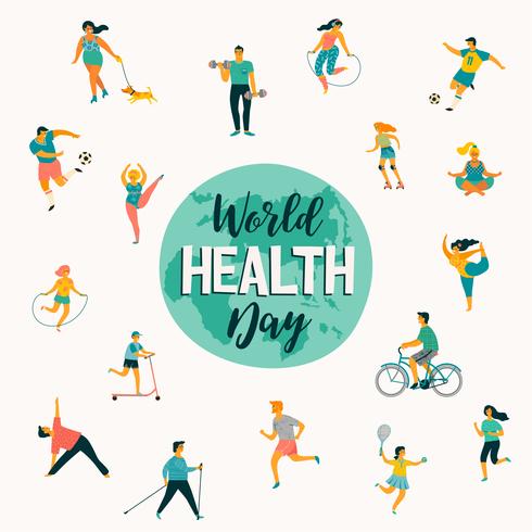 Día mundial de la salud. Ilustración vectorial de personas que llevan un estilo de vida activo y saludable. vector