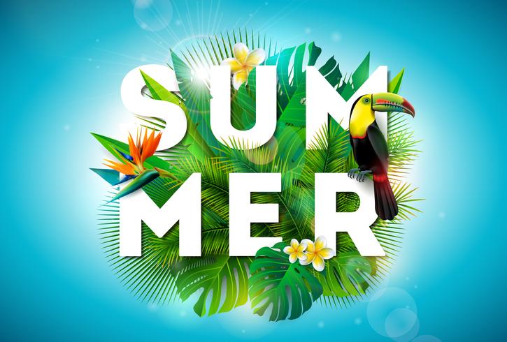 Ilustración de verano con tucán y flores tropicales. vector