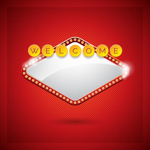 Ilustración vectorial sobre un tema de casino con pantalla de iluminación y texto de bienvenida vector