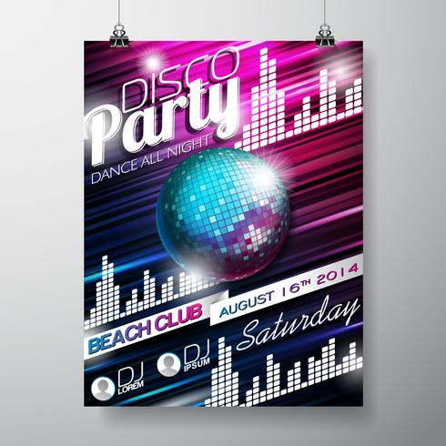 Vector Disco Party Flyer Design with disco ball on shiny background.