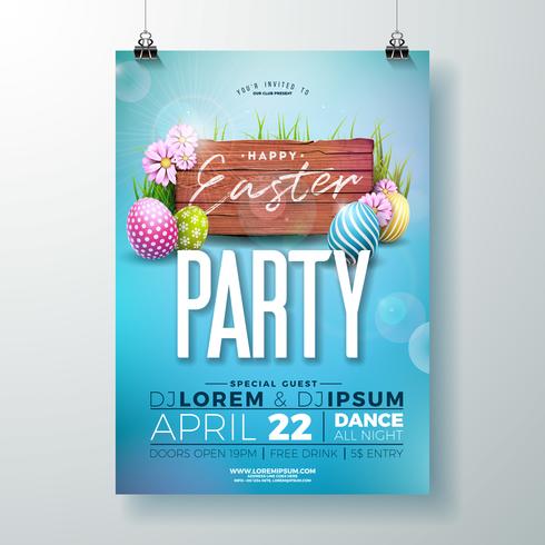 Vector Easter Party Flyer Illustration with painted eggs and flower 